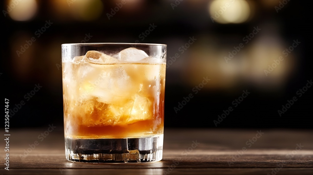 Classic Old Fashioned Cocktail with Whiskey and Ice on Wooden Bar Surface : Generative AI Classic Old Fashioned Cocktail with Whiskey and Ice on Wooden Bar Surface : Generative AI