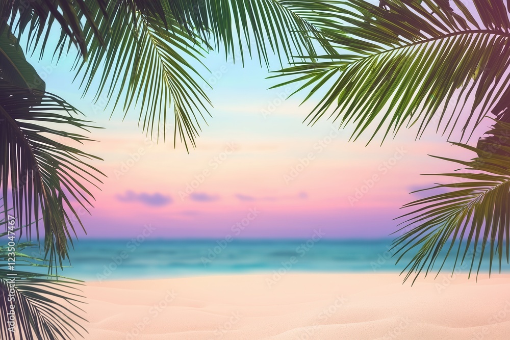 Fototapeta premium Tropical beach at sunset with palm leaves framing the pastel sky and ocean with copy-space