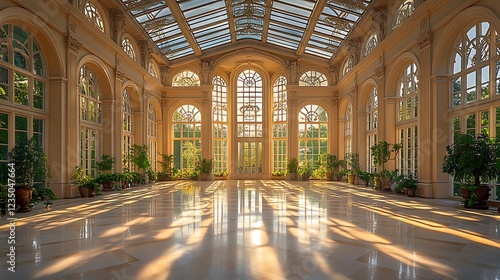 A grand conservatory with a vaulted glass ceiling and large windows, allowing sunlight to stream in and illuminate the marble floor. Lush greenery fills the space, creating a serene and elegant atmosp photo