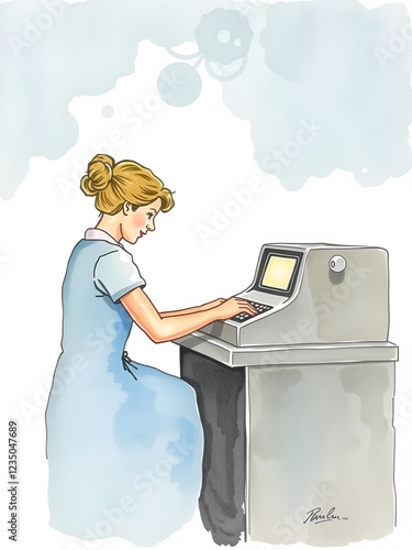 Watercolor Painting of a Woman Working on a Vintage Teletype Machine. photo