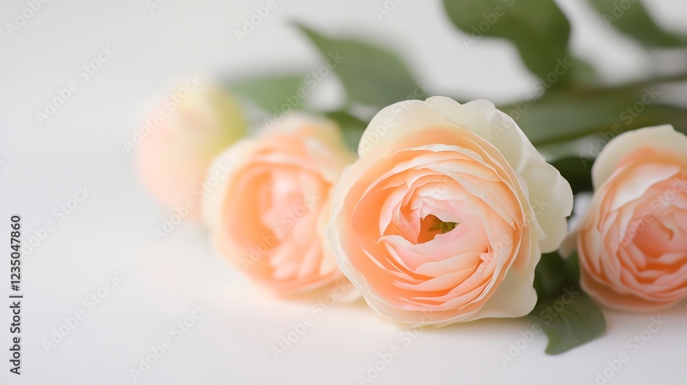 Fototapeta premium Soft Peach Roses Adorning Elegant White Background for Chic Decor : Generative AI