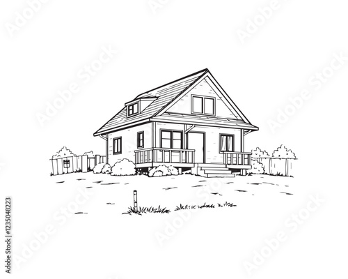 Simple black and white line art house illustration, sharply divided into sections. illustration vector.