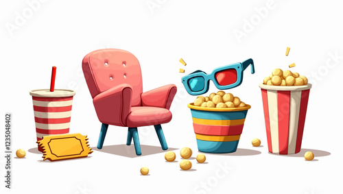 Cinema realistic vector icons set. 3D striped cup with straw, ticket, chair, popcorn bucket, anaglyph glasses. Movie industry objects. Color illustrations with shadows