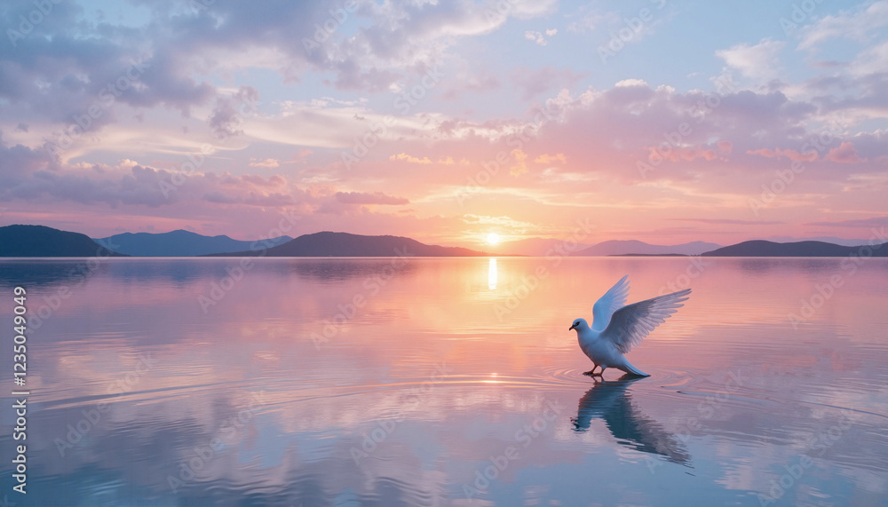 Naklejka premium Graceful white dove walking on tranquil water at sunrise, symbolizing peace and love, copy space