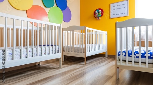 Bright and Colorful Nursery with Three Cribs and Playful Wall Accents : Generative AI