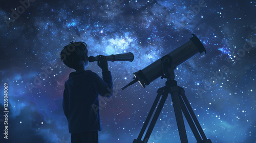A person looking at the stars through a telescope. animated character, C4D model rendering, cheerful smile, 3D rendering 