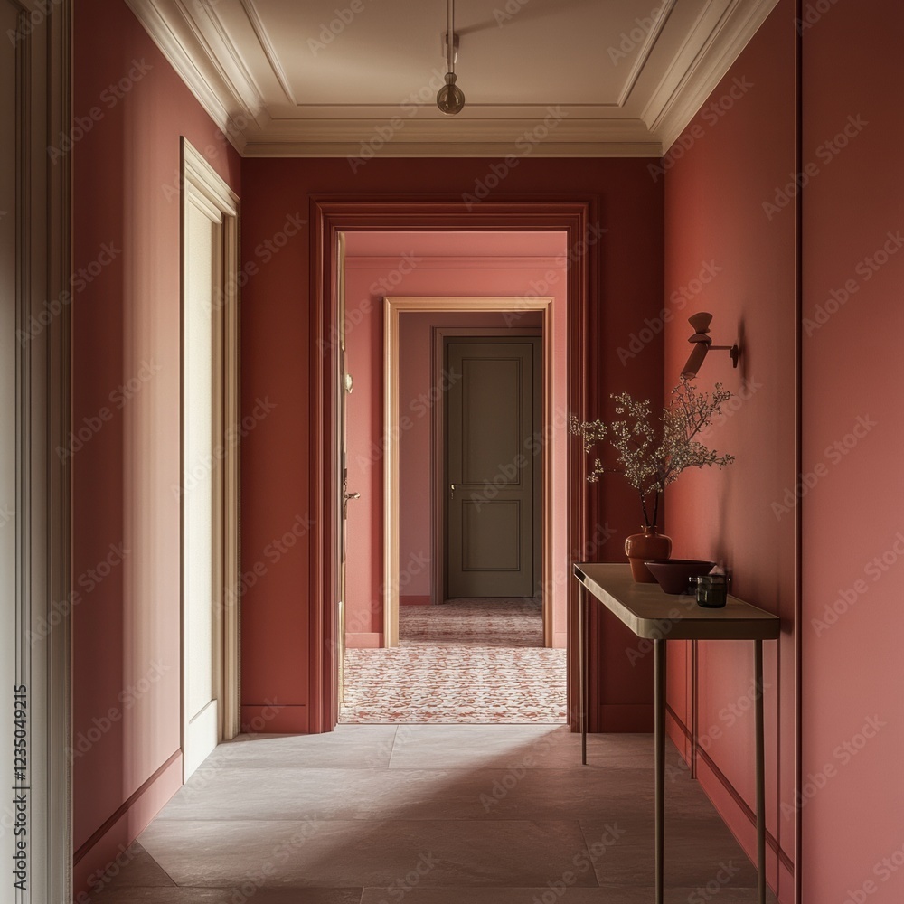 Fototapeta premium Elegant hallway with warm tones and decorative details in a cozy interior setting. Generative AI