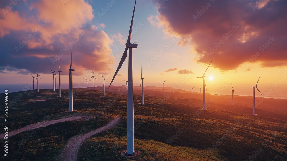 A large group of wind turbines are lined up in a field A large group of wind turbines are lined up in a field
