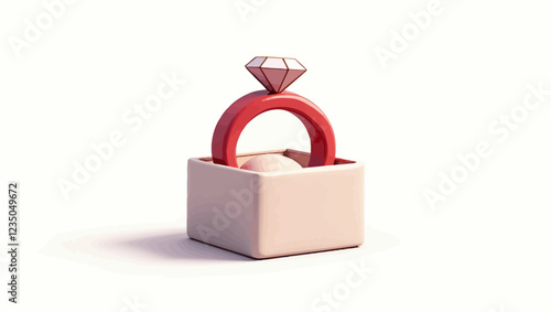 Wedding ring in box. Ring with diamond in package. Valuable gift, women accessory. Marriage proposal symbol. Isolated illustration on white background