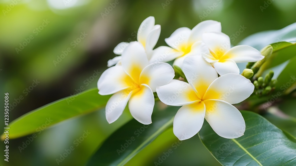 Fragrant White Plumeria Flowers with Vibrant Green Leaves in Nature : Generative AI Fragrant White Plumeria Flowers with Vibrant Green Leaves in Nature : Generative AI