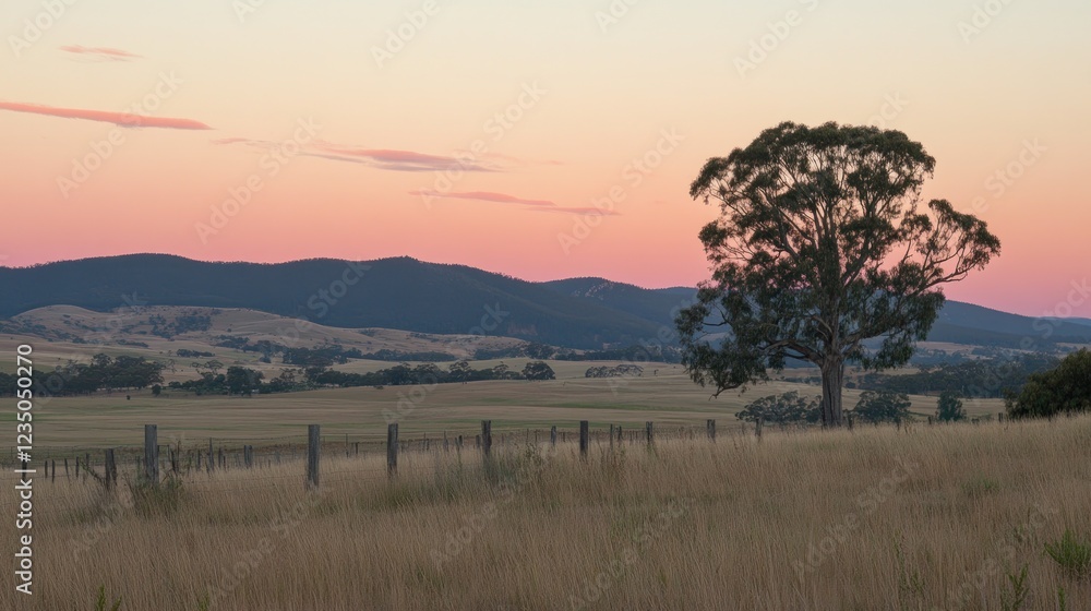 Peaceful Sunset Over Rolling Hills and Lone Tree Peaceful Sunset Over Rolling Hills and Lone Tree