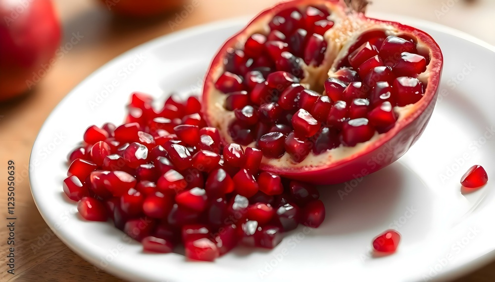 a white plate topped with a cut in half pomegranate a white plate topped with a cut in half pomegranate