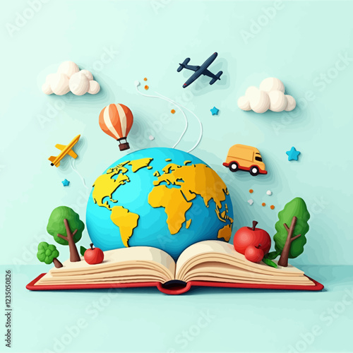 Bright vector template for advertising flyer with 3D elements. Time to see world. Organization of trips abroad. Travel guide services. Reservation and purchase of tourist tickets