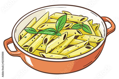 Pasta dish, penne pasta, basil pesto sauce, fresh basil leaves, white ceramic bowl, orange base, food photography, closeup, vibrant colors, appetizing, Italian cuisine, creamy texture, glossy noodles,