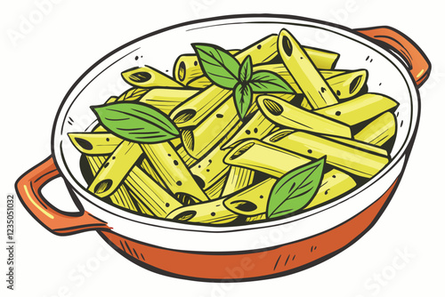 Pasta dish, penne pasta, basil pesto sauce, fresh basil leaves, white ceramic bowl, orange base, food photography, closeup, vibrant colors, appetizing, Italian cuisine, creamy texture, glossy noodles,