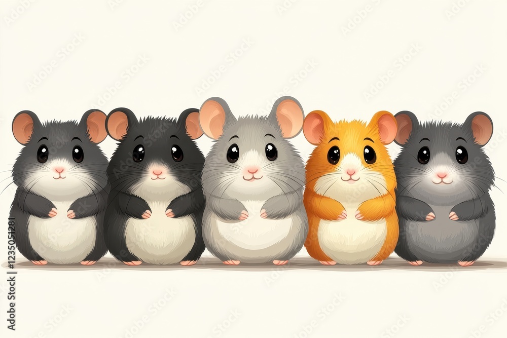 Five cute cartoon hamsters in a row, showcasing different colors and expressions. Five cute cartoon hamsters in a row, showcasing different colors and expressions.