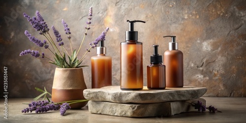 Amber bottles of natural skincare products displayed on stacked stone platforms with fresh lavender flowers in a terracotta vase