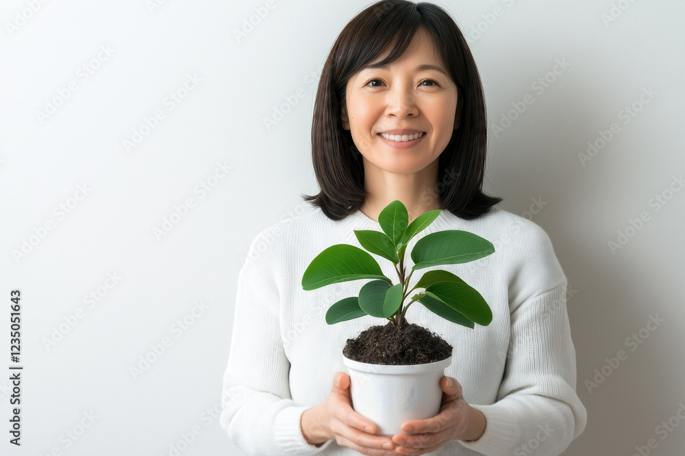 Asian woman wearing a white sweater is holding a small potted plant, promoting environmental awareness, sustainability, and eco-conscious living Asian woman wearing a white sweater is holding a small potted plant, promoting environmental awareness, sustainability, and eco-conscious living