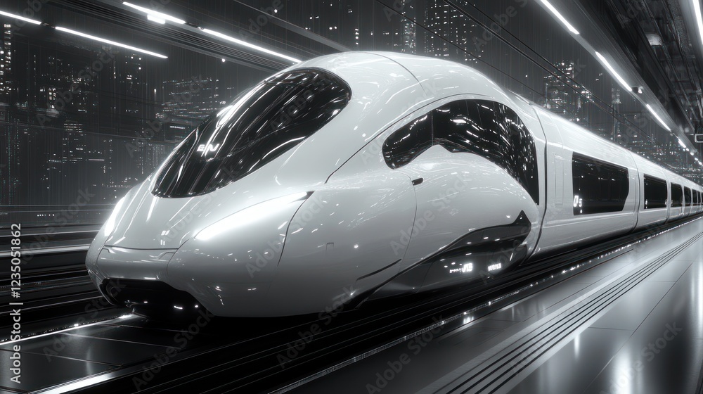Fototapeta premium Futuristic train speeds through city night tunnel