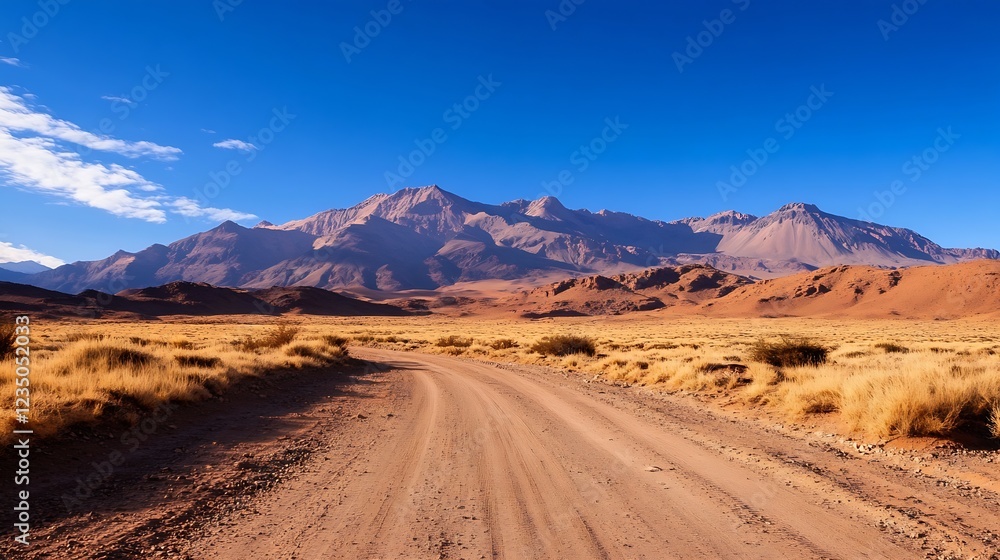 Fototapeta premium Vast Desert Landscape Under the Clear Blue Sky with Majestic Mountains Beyond : Generative AI