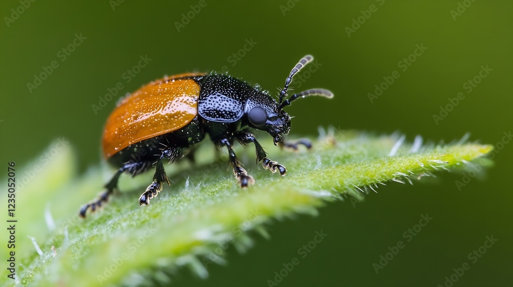 Detailed View of Red and Black Beetle Crawling on Green Leaf Surface : Generative AI Detailed View of Red and Black Beetle Crawling on Green Leaf Surface : Generative AI