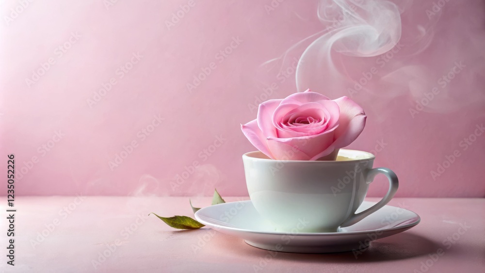Fototapeta premium A delicate pink rose blooms inside a white teacup, steam rising from the rim, creating a serene and romantic scene.
