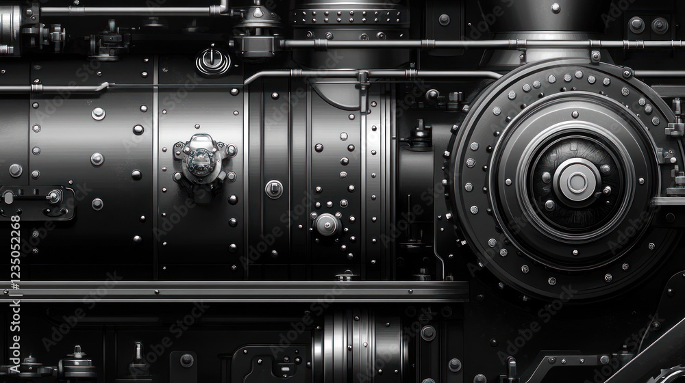 Fototapeta premium Dark Steampunk Engine Close-up, Industrial Background, Mechanical Design