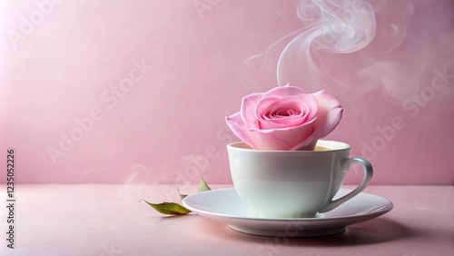 A delicate pink rose blooms inside a white teacup, steam rising from the rim, creating a serene and romantic scene.