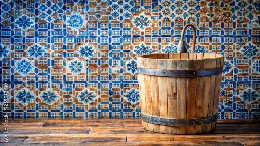 Naklejka premium A wooden bucket with a metal band sits on a wooden floor in front of a colorful tiled wall.