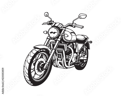 Simple black and white line art motorcycle illustration, strong hard light, clear lines, no shading, easy coloring, clean background, vector.