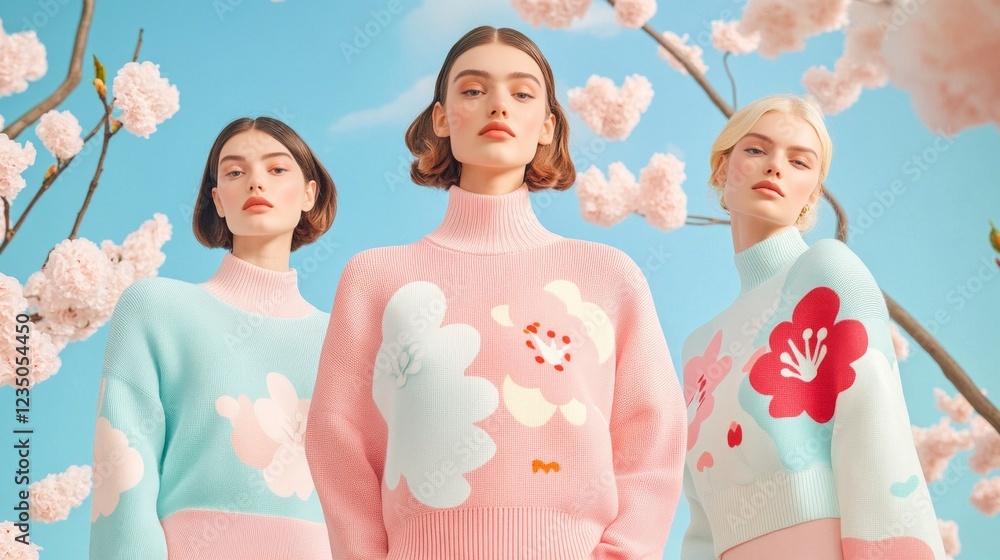 Pastel floral sweaters against a blossoming cherry tree backdrop. Pastel floral sweaters against a blossoming cherry tree backdrop.