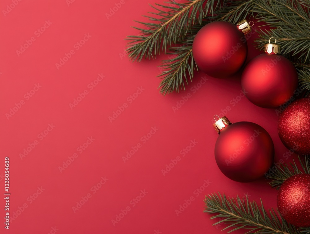 A festive Christmas and New Year's banner with red ornaments and green pine branches on a red background creating a warm, holiday atmosphere. A festive Christmas and New Year's banner with red ornaments and green pine branches on a red background creating a warm, holiday atmosphere.
