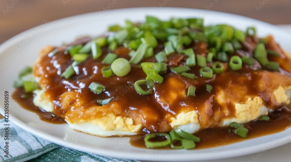 Serving of egg foo young savory brown gravy and fresh green onions placed on a white plate