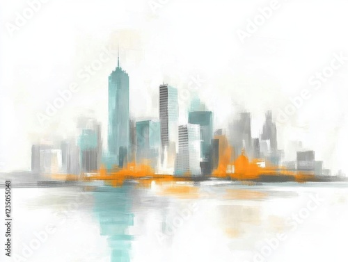 Spectacular watercolor painting of an abstract urban skyline with tall buildings in shades of teal, gray, and orange, reflected on a calm water surface. photo