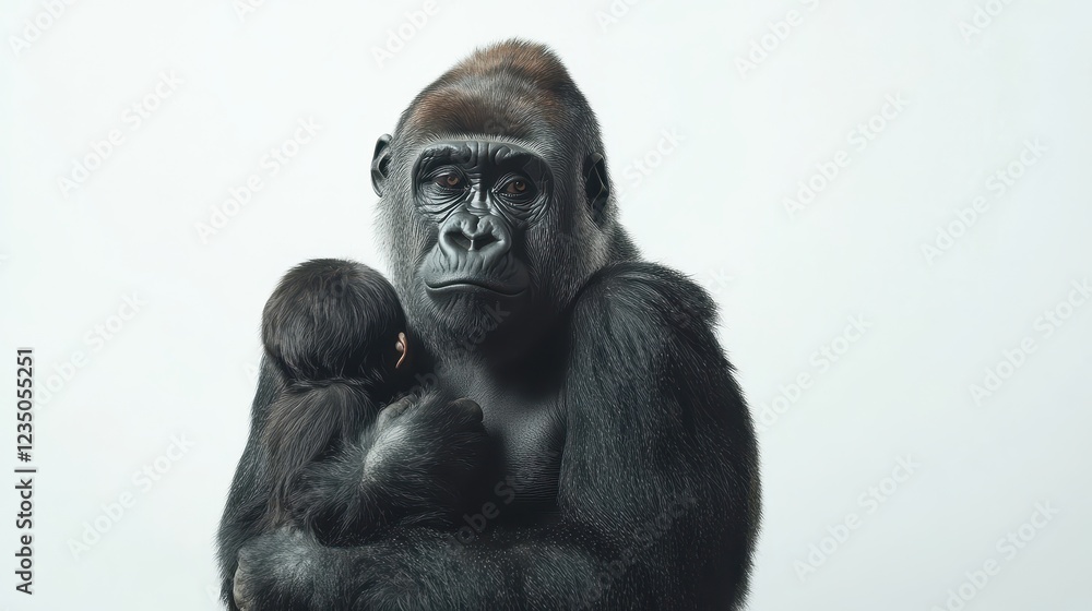 Obraz premium Tender Moment Between Adult Gorilla and Infant in Soft Light