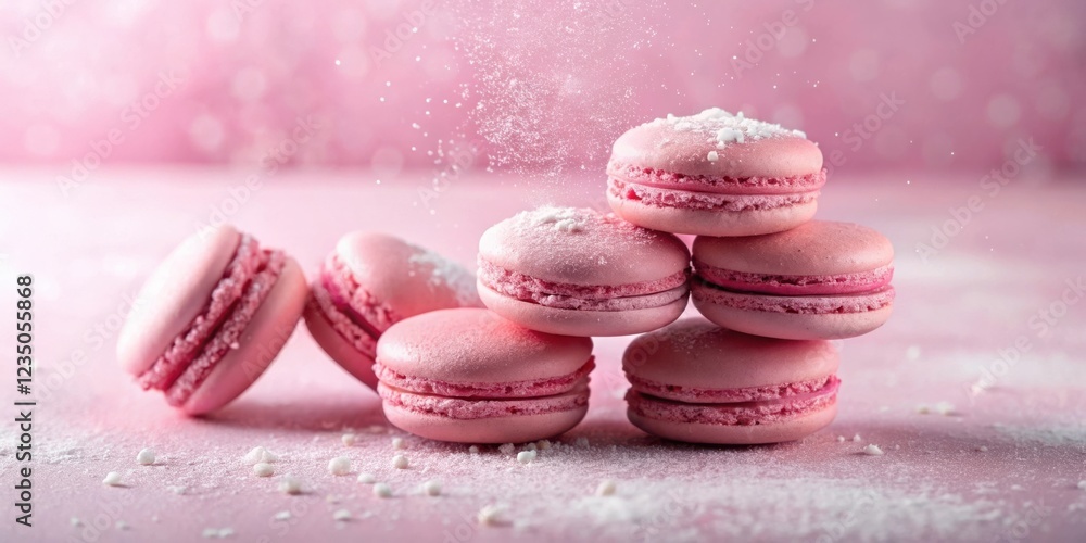 Obraz premium A delicate tower of pink macarons dusted with powdered sugar against a soft pink background.