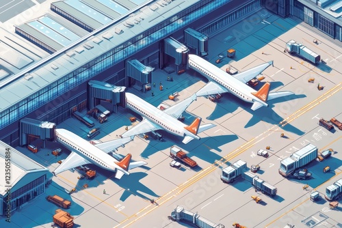 Busy airport terminal bustling with activity as airplanes are serviced in the early morning light. Generative AI photo