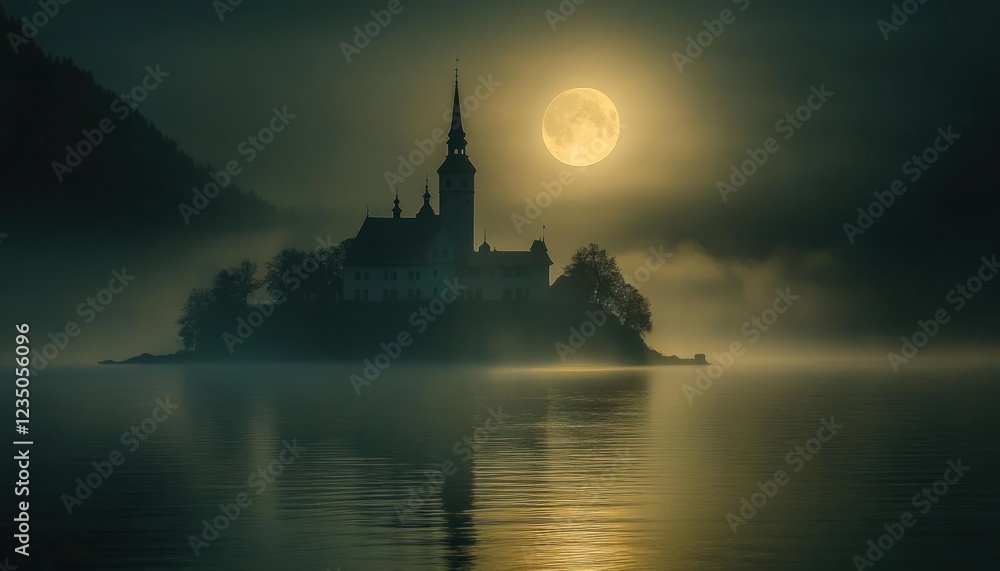 Fototapeta premium Enigmatic Island Castle Under Moonlight