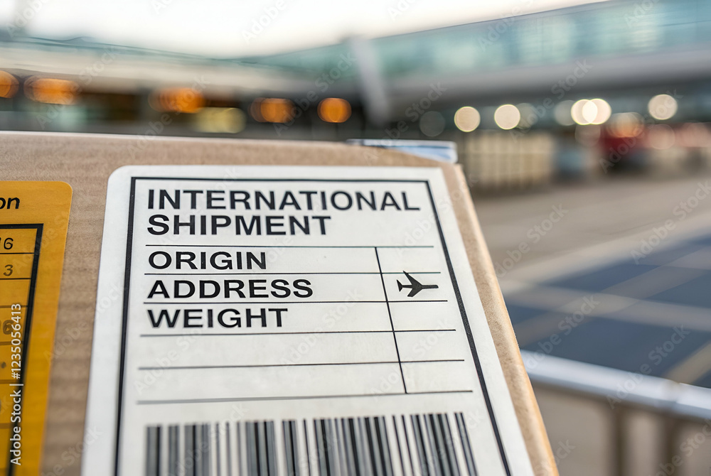 A close-up of a shipping label on a box, indicating an international shipment with fields for origin, address, and weight.