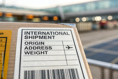 Obraz na płótnie A close-up of a shipping label on a box, indicating an international shipment with fields for origin, address, and weight. w salonie
