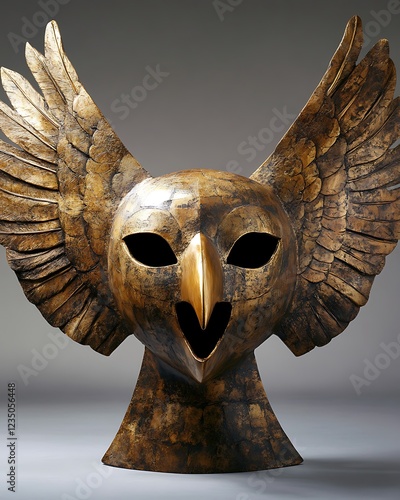 a close up of a golden mask with a bird  s head photo