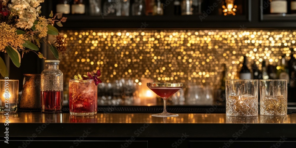 Elegant bar scene featuring cocktails and decorative elements, ideal for promoting nightlife, bars, and events. Elegant bar scene featuring cocktails and decorative elements, ideal for promoting nightlife, bars, and events.