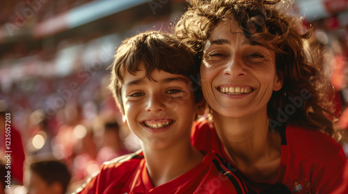 A joyful mother and son wearing red jerseys, smiling at a sports stadium. photo