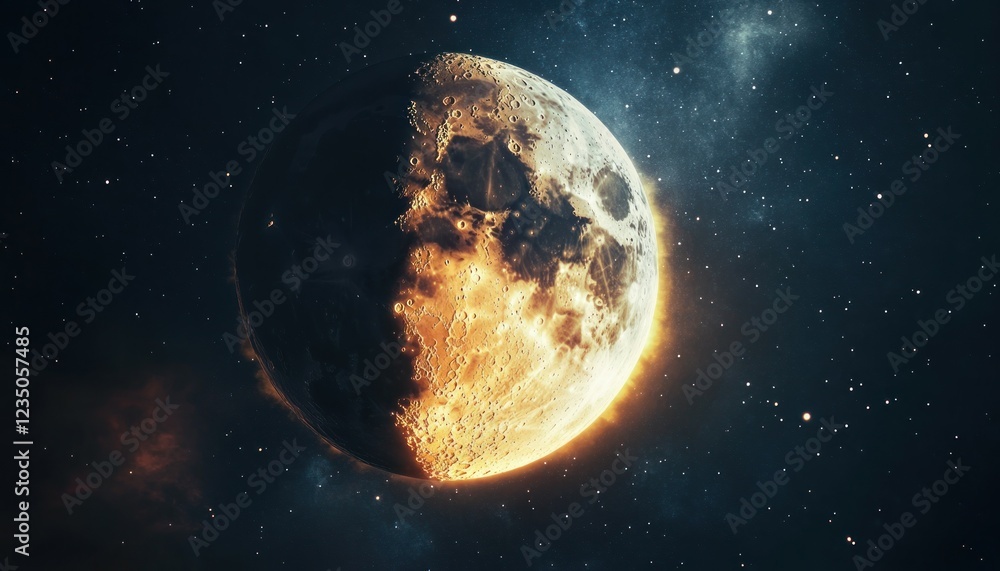 Obraz premium Celestial Half-Moon: Glowing Lunar Orb in Starry Cosmos