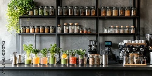 Wallpaper Mural A modern café display featuring fresh juices, herbs, and various ingredients, ideal for health-focused marketing and beverage promotions. Torontodigital.ca