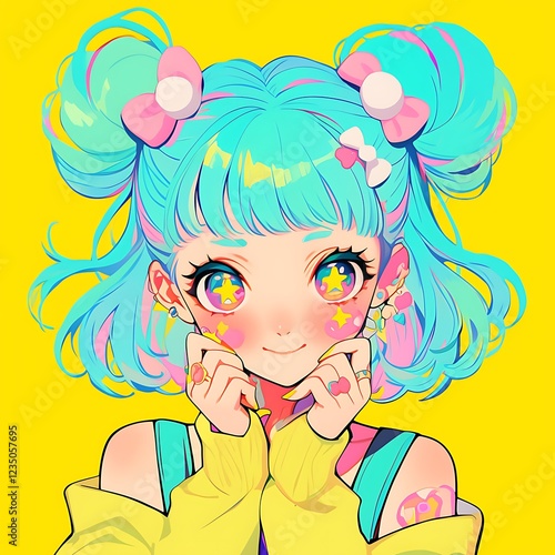 anime girl with blue hair and pink cheeks posing for a picture
