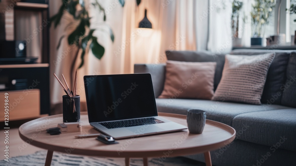 A laptop on a coffee table surrounded by productivity tools, Productivity tools scene, Minimalist style A laptop on a coffee table surrounded by productivity tools, Productivity tools scene, Minimalist style