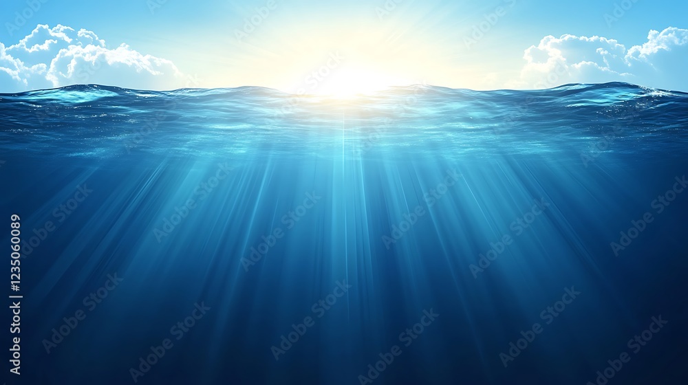Obraz premium Sunlit Ocean Depths Underwater Scene With Clouds