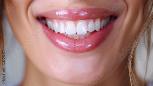 Close-up of a woman's smile showing healthy white teeth and glossy lips. photo