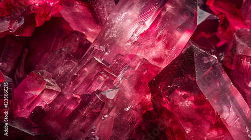 Close-up of vibrant red crystal formations with sharp edges and translucent textures. Rhodochrosite ore photo